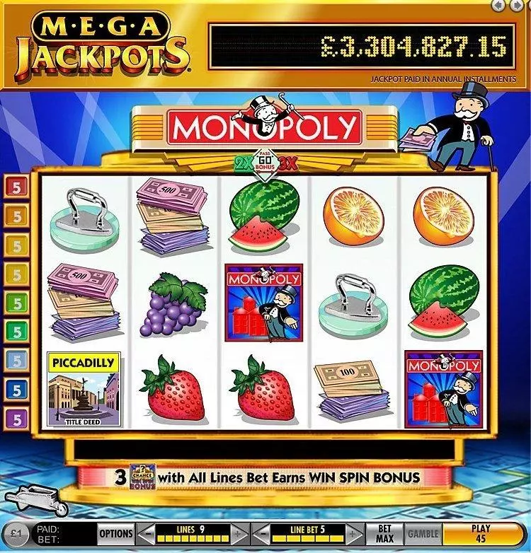 MegaJackpots Monopoly Pass Go IGT Progressive Jackpot Slot